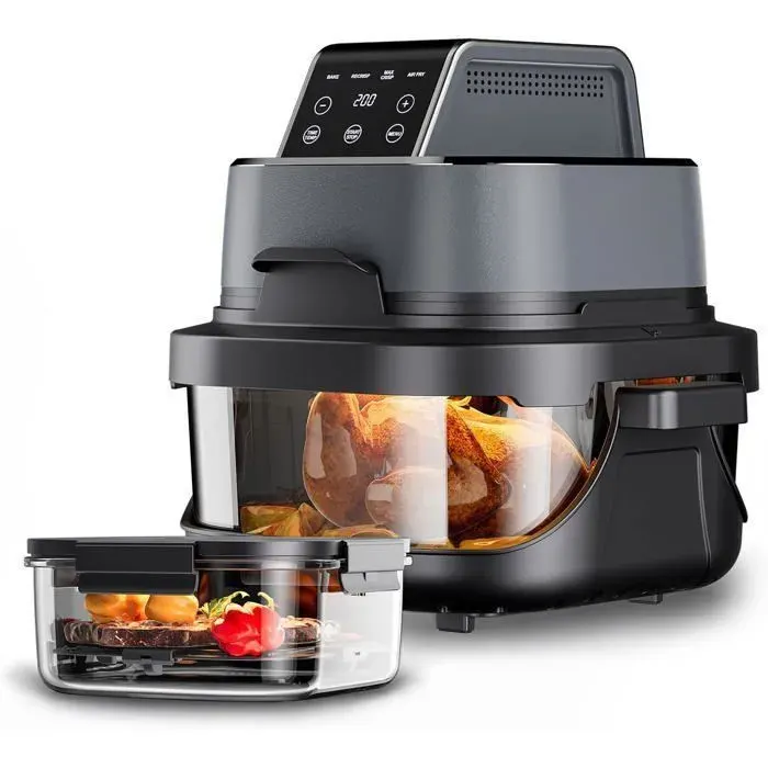 Friteuse à air 4L : fenêtre Easy-View bol verre. Numérique Hi-Fry arrêt auto lavable lave-vaisselle avec livre de recettes.