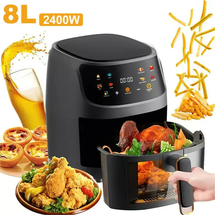 Friteuse à air 8 L - 2 400 W - Écran tactile LED - Circulation dair chaud à 360 ° - Cuisson très efficace - Convient aux frites