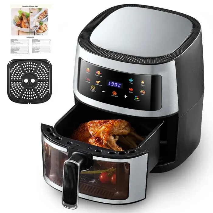 Friteuse à air chaud 6L - Friteuse sans huile avec Fenêtre visible Écran tactile Thermostat/8 Programmes/Recettes 1400W - Noir