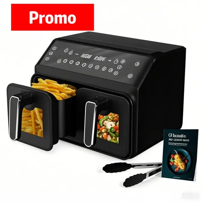 Friteuse à air chaud double zone de 8 litres - Friteuse à air chaud de 2200 W - Séparateur amovible - Friteuse sans huile - 10 pro