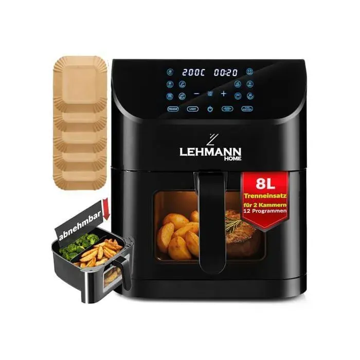 Friteuse à air chaud - LEHMANN - 8 L - 1800 W - 12 programmes - Fenêtre & double panier — coloris Noir