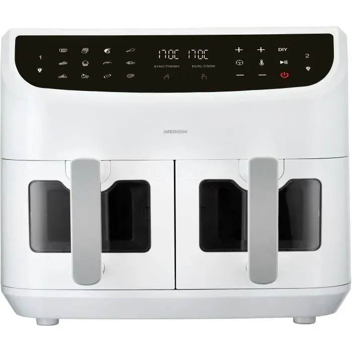 Friteuse à Air Chaud - MEDION - P20 XXL Twin - 2600 W - 2 paniers - 9 programmes - Blanc