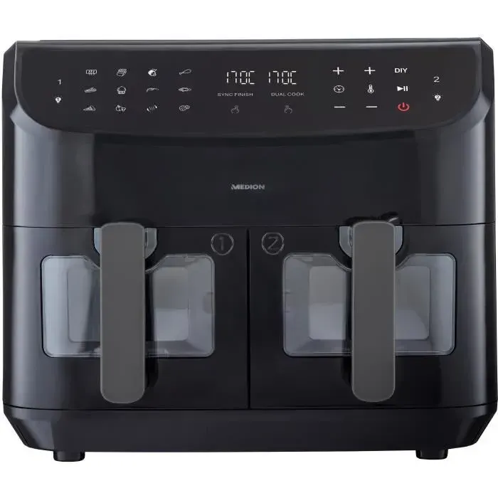 Friteuse à Air Chaud - MEDION - P20 XXL Twin - 2600 W - 2 paniers - 9 programmes - Noir