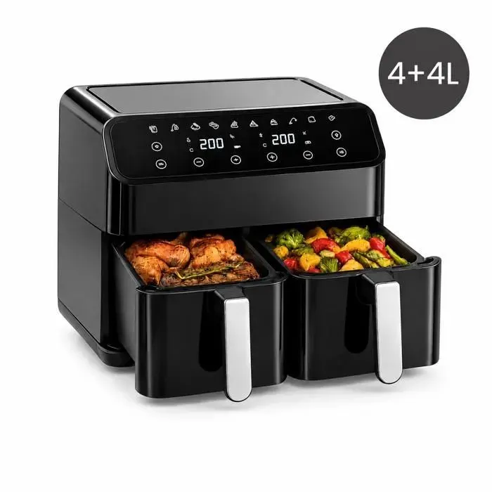 Friteuse à air double 8 L 2000 W - Double panier 4 L + 4 L - 10 programmes - Écran tactile LED - Sans huile