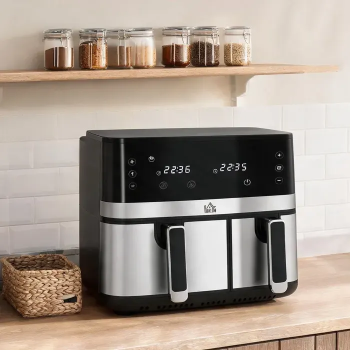 Friteuse à air double compartiment 85 L en acier noir 8 programmes et minuterie 60 min — coloris Noire