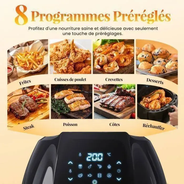 friteuse à air Puissant- 2000W8Lthermostat 80-200°C8 modes préréglés écran tactile OLED-Cuisine sans graiss FRITEUSE ELECTRIQUE