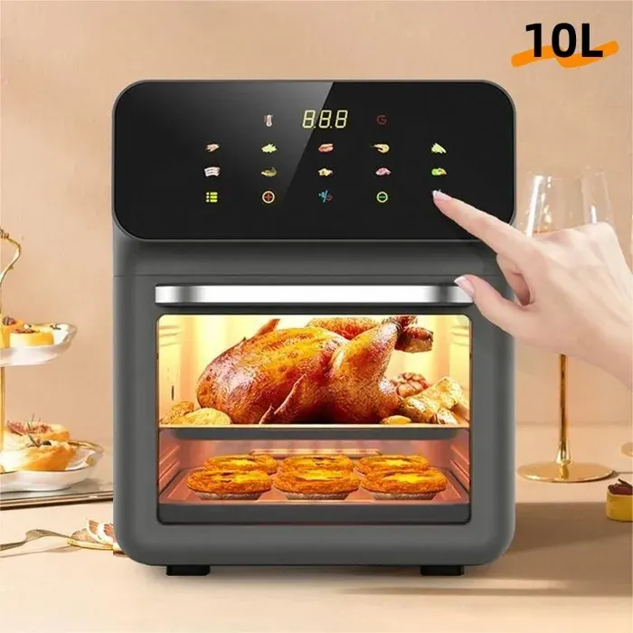 Friteuse à Air Sans Huile 10L - Air Fryer Écran Tactile 1350W en Acier Inoxydable Multifonction avec fenêtre pour 4-5 Personnes