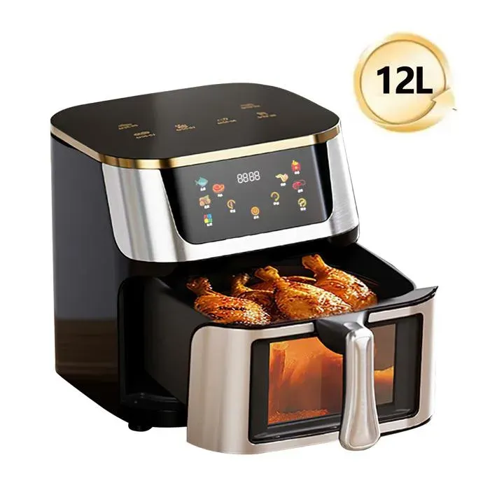 Friteuse à air sans huile 12L - 2800 W Friteuse à air - Écran tactile - Visuel - 6 Programmes - Isolation - Cuisson uniforme - Noir