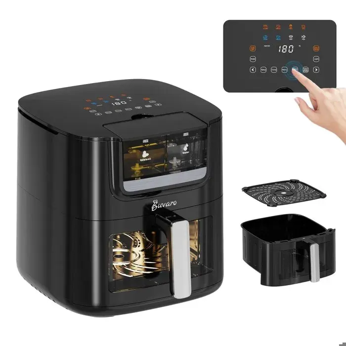 Friteuse à air sans huile 7L BUVARO - 1800W 80-200°C - fenêtre visible - Écran LED - 8 Menus Prédéfinis - Air fryer Noir