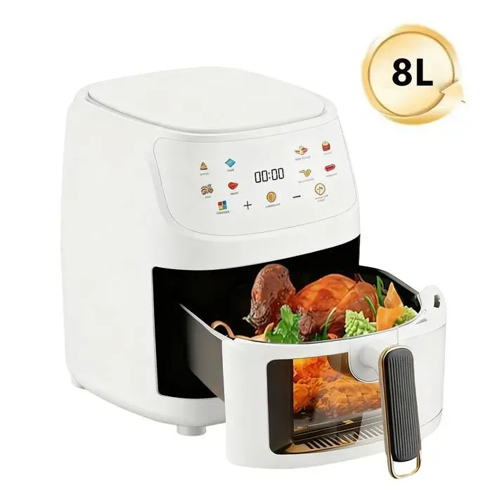 Friteuse à air sans huile 8L - 2400 W Friteuse à air - Écran tactile - Visuel - 8 Programmes - Isolation - Cuisson uniforme - Blanc