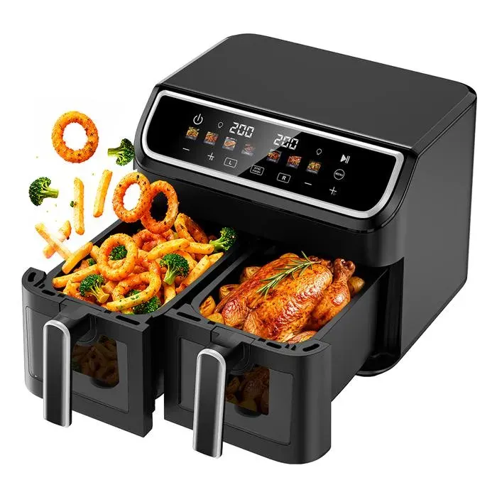 Friteuse à Air Sans Huile 9L Air Fryer 2000 W，2 tiroirs 8 préprogrammes avec Fenêtre Transparente Écran Tactile LED 80-200°C