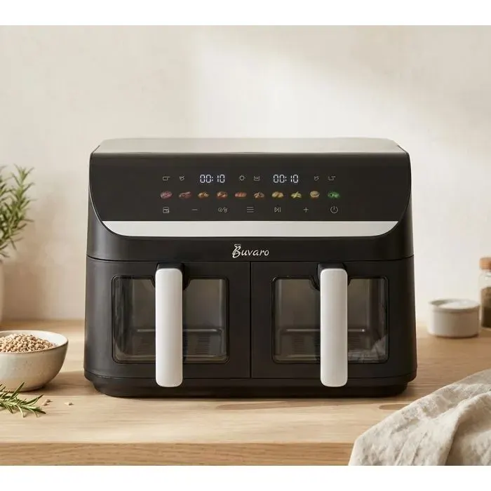 Friteuse à air sans huile BUVARO2 zone 11L 2950W fenêtre visibleÉcran Tactile10 Programmes PrédéfinisAir fryer Noir