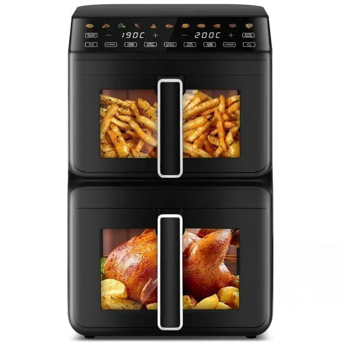 Friteuse à Air Sans Huile Double Paniers Verticaux 11L – 2400W 11 Fonctions Fenêtre Visible Écran Tactile LED – Air Fryer Noir
