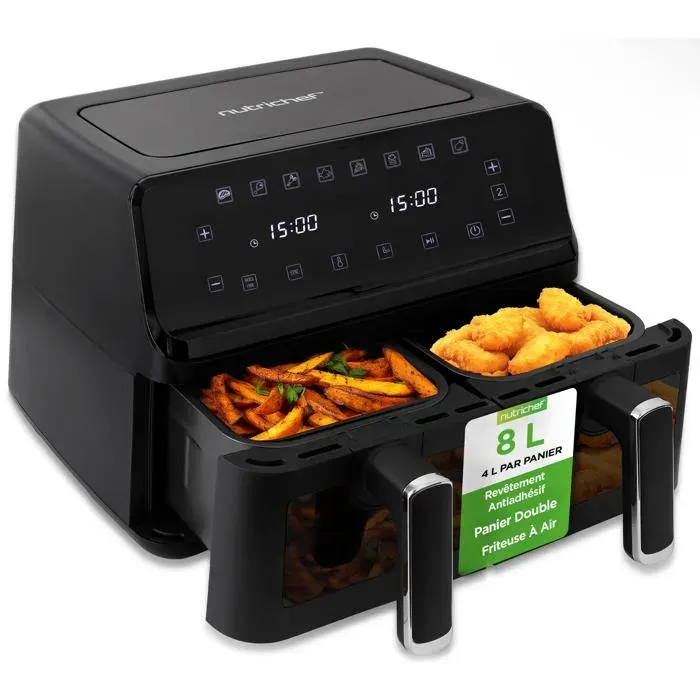 Friteuse à air sans huile - NUTRICHEF - NutriChef Airfryer - Double panier 8 L - 9 programmes - Noir