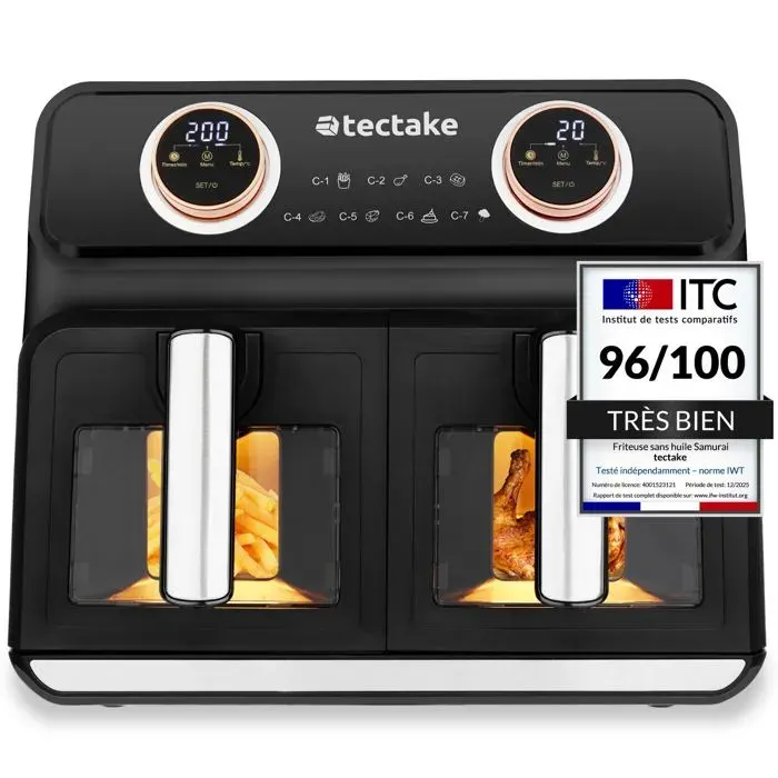 Friteuse à air - TECTAKE - Airfryer SAMURAI avec 2 compartiments et 7 programmes de cuisson 2400W 375 x 39 x 315 cm - Noir
