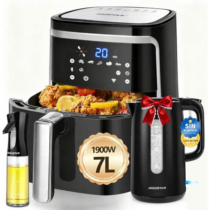 Friteuse à Air XXL 7L 1900 W écran tactile LED 7 programmes sans BPA Cadeau : Bouilloire électrique 17 L et livre de recettes.