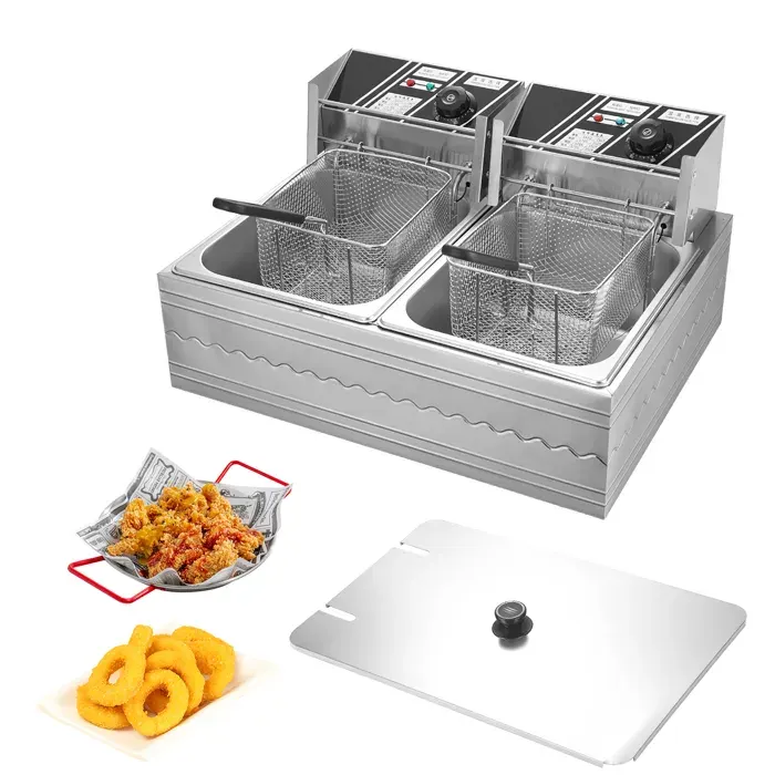 Friteuse à Huile 12L Friteuse à double cuve 50-200℃ Thermostats réglables et indépendants Acier inoxydable pour Maison et