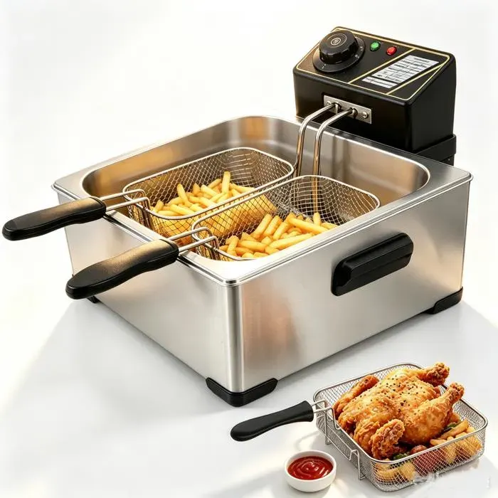 Friteuse à huile Fenêtre - 5L - 3 paniers de friture amovibles - Température réglable - Fenêtre - Facile à nettoyer - Inox