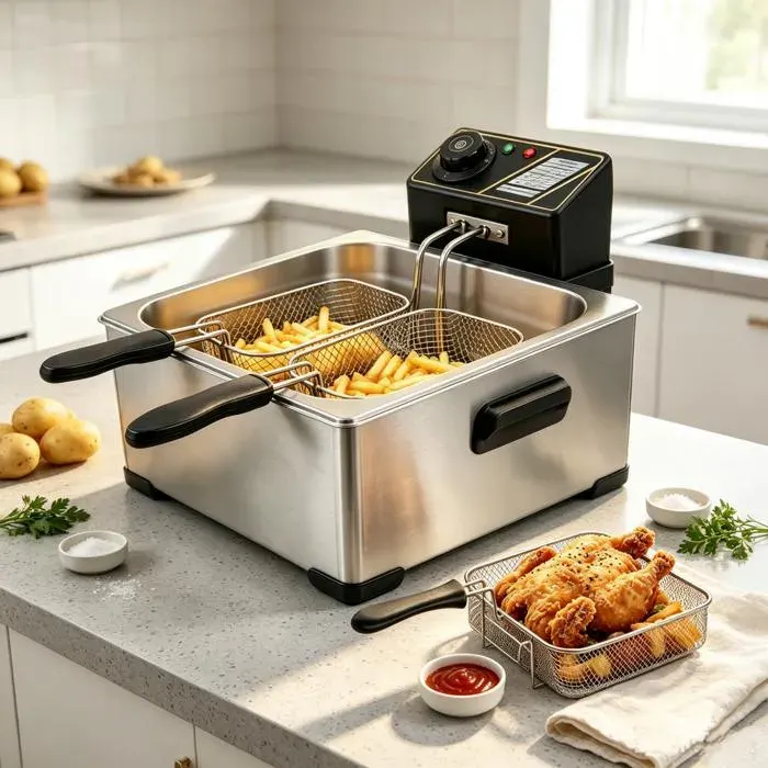 Friteuse à huile Inox 5L - 3 paniers de friture amovibles - Température réglable - Fenêtre - Chauffage Rapide - Facile à nettoyer