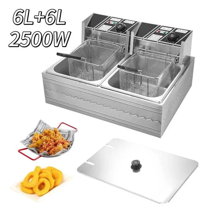 friteuse avec huile 12L - friteuse electrique 2500W - 50-200℃ réglable - Inox - Voyant LED - Friteuse électrique à double cylindre