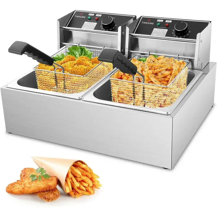 Friteuse Avec Huile Électrique Double Cuve 12L – Inox 6L+6L – 5000W 220V – Température Réglable 50-200°C – Friteuse Professionnelle