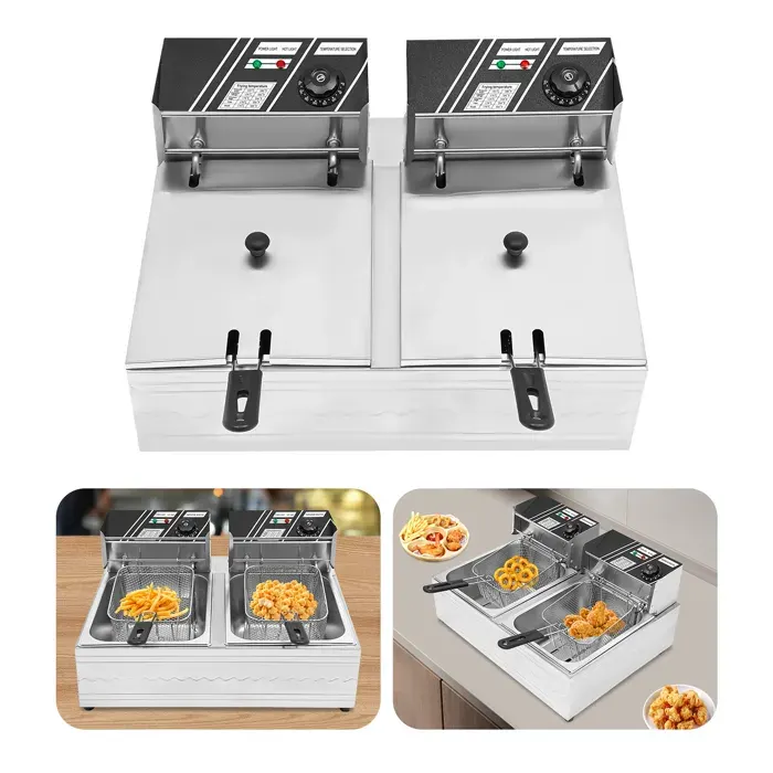 Friteuse Commerciale 6L avec Thermostat 60-200°C Friteuse Électrique Professionnelle Double Bac Chauffage Rapide 5000W