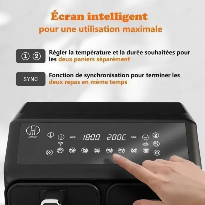 friteuse double cuve 8L 2200W Friteuse sans huile à air chaud 2 compartiments Fenêtre visualisation 10 progra