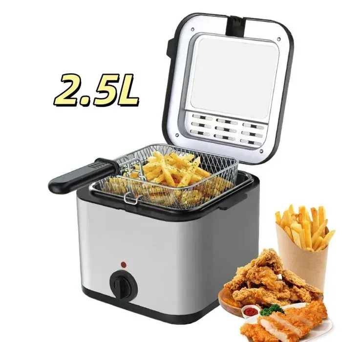 Friteuse électrique 2.5L 1000W Sûr et durable domestique Avec couvercle et panier amovibles Température Réglable 80-190°C