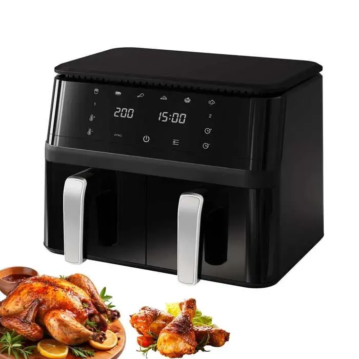 Friteuse électrique 2000 W 9 L double compartiment 80 °C-200 °C 1 à 60 minutes circulation dair à 360° efficacité noir