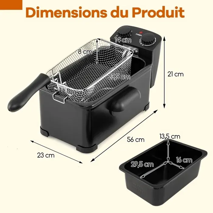 Friteuse électrique 2000W 3L à huile minuterie et température réglables couvercle avec fenêtre de visualisation noire