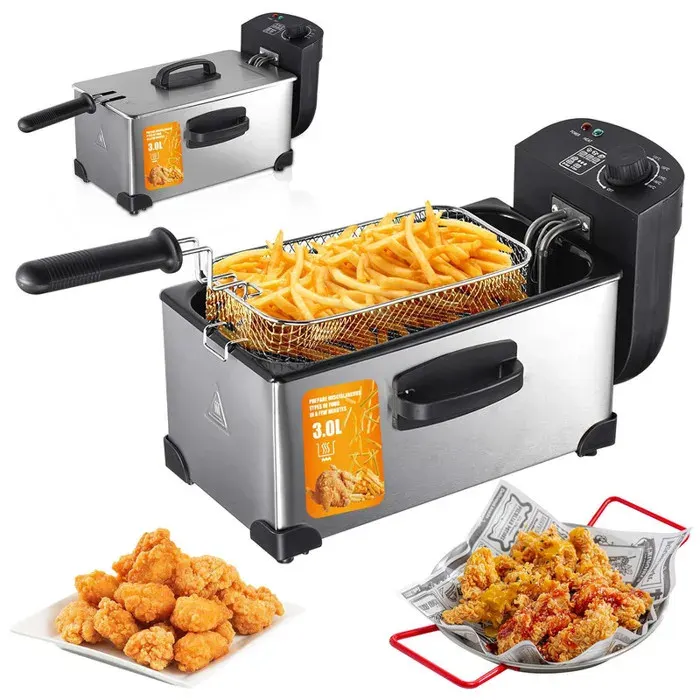 Friteuse Électrique 3L En Acier Inoxydable 2000W Thermostat Réglable Mini Friteuse Familiale Et Professionnelle Avec Fenêtre Visible