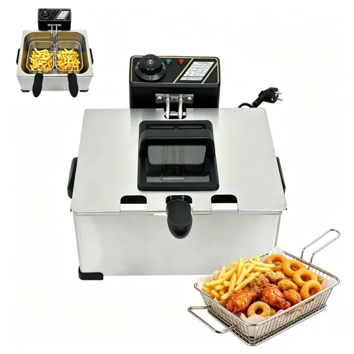 Friteuse Électrique 5L 2000W Fenêtre Visualisation Thermostat 60-200°C 3 Paniers (1 Grand + 2 Petits) Inox Démontable