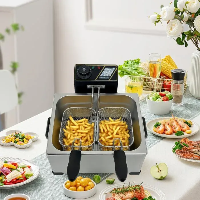 Friteuse Électrique 5L- 3 paniers à friture amovibles - 2000 W - Doublure amovible en acier inoxydable - double réservoir