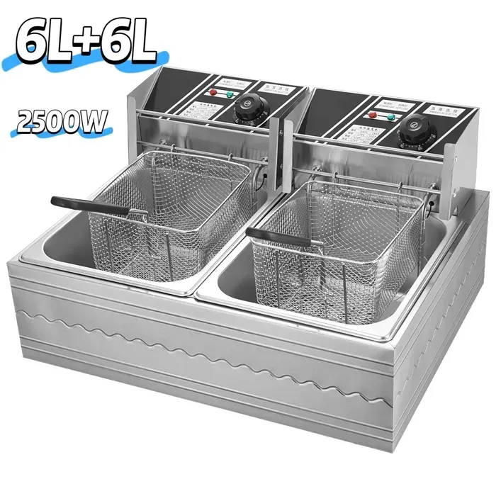 Friteuse Électrique 6L+6L - 2500W Bicylindre Friteuse - 50-200℃ température réglable - Inox - Friteuse électrique à double cylindre