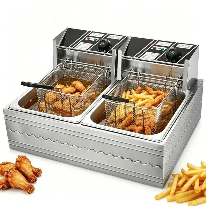 Friteuse Électrique 6L + 6L - Prumya - 2500W - Acier Inox - Double Cuves Amovible - Température Réglable 50 à 200 ℃