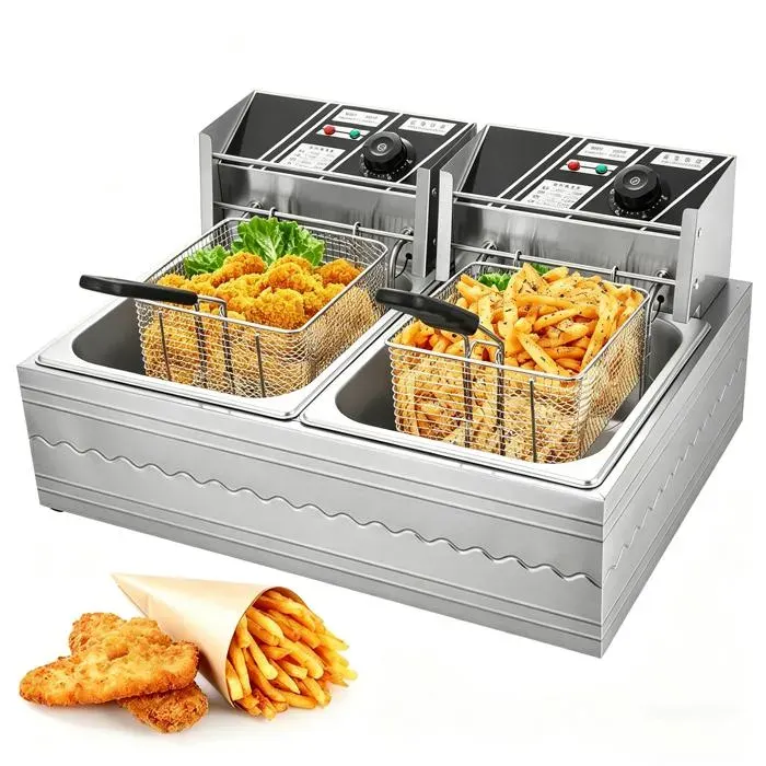 Friteuse Électrique à double cuve 6L+6L Thermostats réglables et indépendants Friteuse professionnelle Acier inoxydable 50-200°C