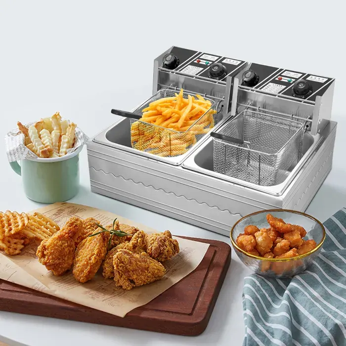 Friteuse électrique à double cylindre - 12L/2500W - Friteuse Électrique Inox - Bicylindre Friteuse - 50-200℃ réglable - Voyant LED