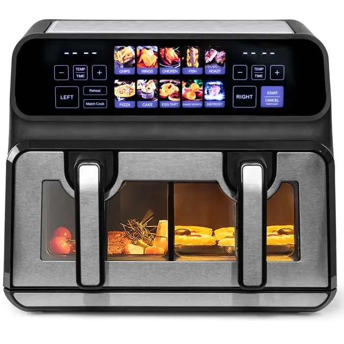 Friteuse électrique airfryer double chambre 9 L 2200 W fenêtre de visualisation écran LED coloré commande tactile noir