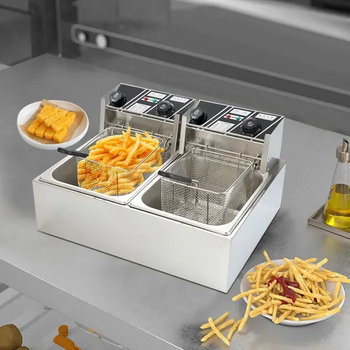Friteuse Électrique Avec Cuve Amovible 12L – Double Cuve 6L+6L 2500W Thermostat Réglable 50-200°C Friteuse Inox Professionnelle