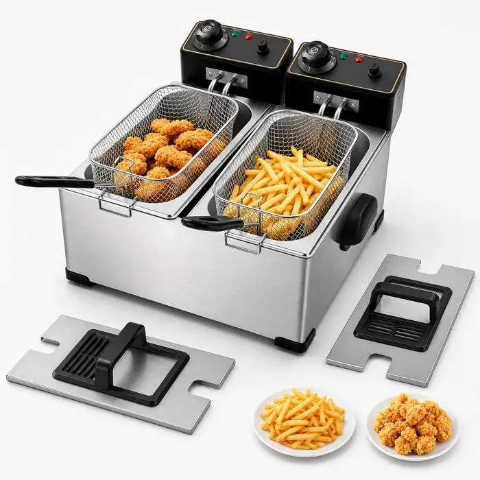 Friteuse Électrique - Double Cuve Inox 2x 4 L - 4000 W - Thermostats indépendants - Parois Froides - Protection surchauffe