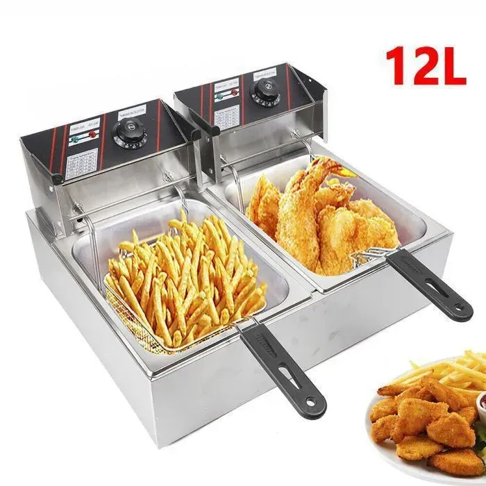 Friteuse Electrique Double Cylindre 12L - Friteuse Electrique pour Restaurant Friteuse en Acier Inoxydable avec 2 Paniers à