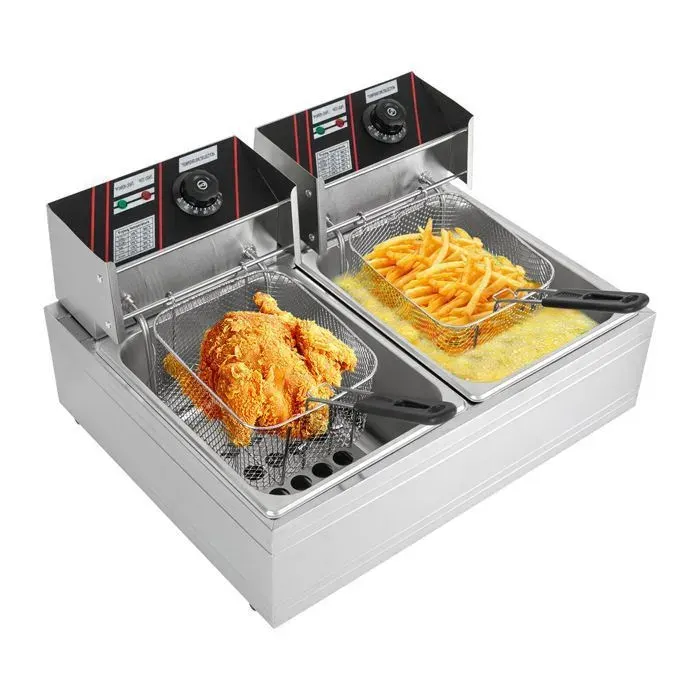 Friteuse électrique - double réservoir - 5000W - 60 - 200 ℃ - en acier inoxydable - Protection contre les coupures de courant