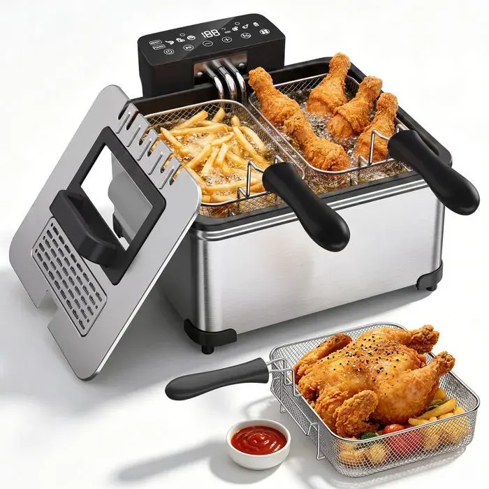 Friteuse Électrique PATBRELA 10.5L (53L+2.6L+2.6L) 3-en-1 3500W Inox Écran Tactile Fenêtre Visualisation Panier Amovible