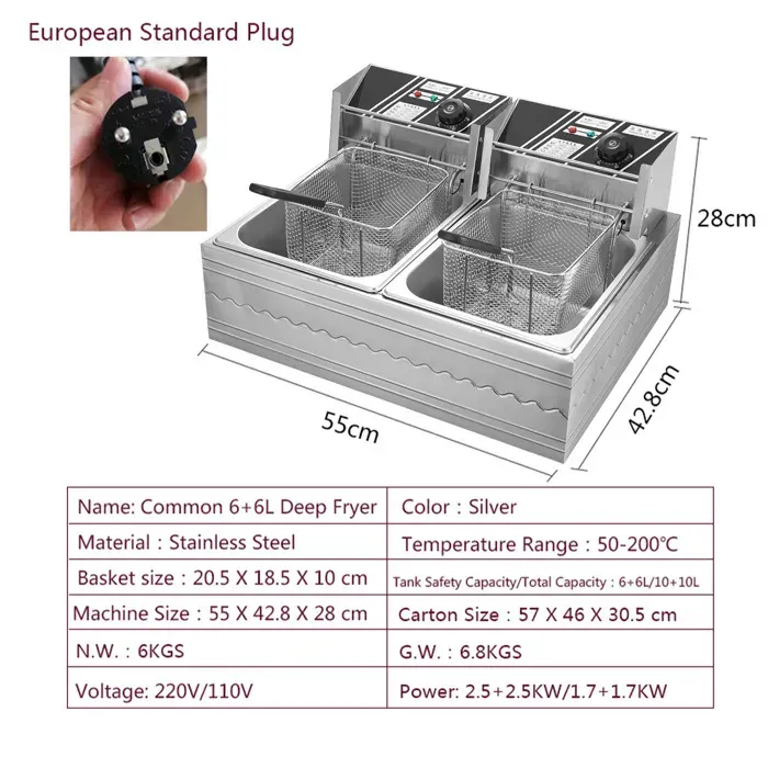 Friteuse électrique professionnelle 12L - 50-200℃ réglable - Inox - 2500W - 2 paniers à friture amovibles - Bicylindre Friteuse