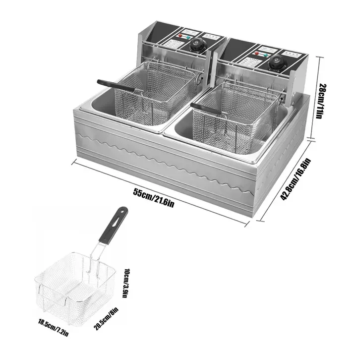Friteuse Électrique Professionnelle 12L – Double Cuve 6L+6L – 2x2500W – Thermostat 50-200°C – Pour la maison et petit restaurant