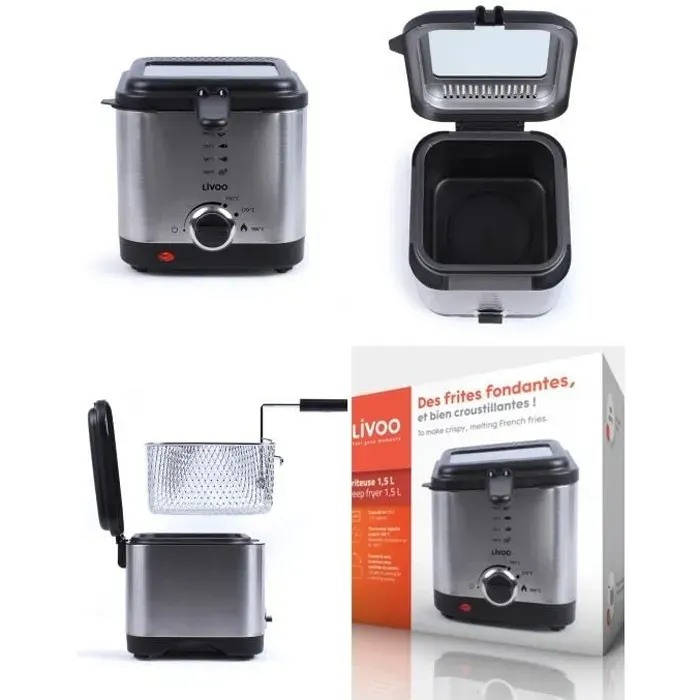 Friteuse - LIVOO - 15 L - Acier inoxydable - Thermostat réglable - Filtre anti-odeur