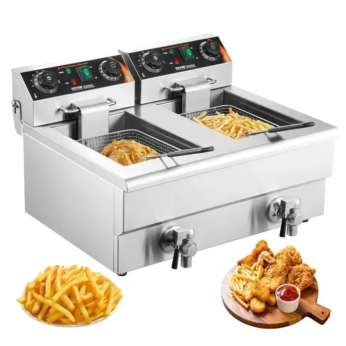 Friteuse professionnelle électrique de table de 3 kW avec double cuve et panier 2 x 11 L en acier inoxydable contrôle du temps et