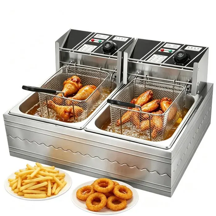 Friteuse Professionnelle Électrique en Acier Inoxydable 6L +6L avec 2 Paniers Température Réglable 50 à 200 ℃ pour Frites ou Snacks