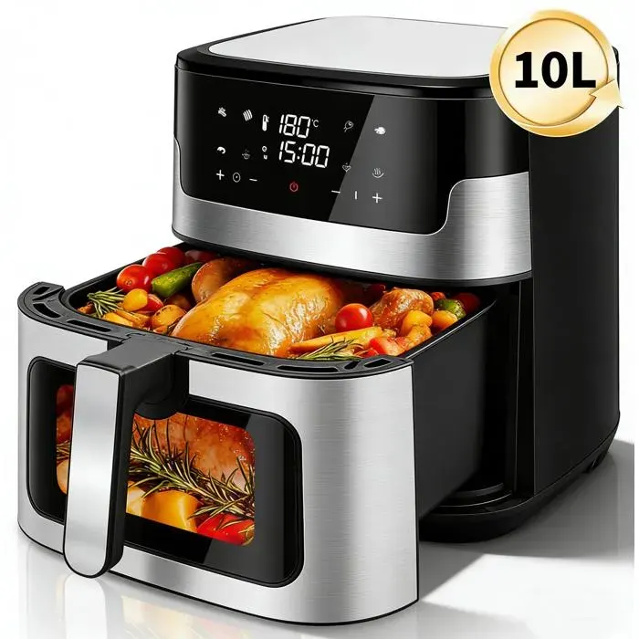 Friteuse sans huile 10L XXL Air Fryer – 8 programmes écran LED sécurité arrêt auto cadeau famille nombreuse