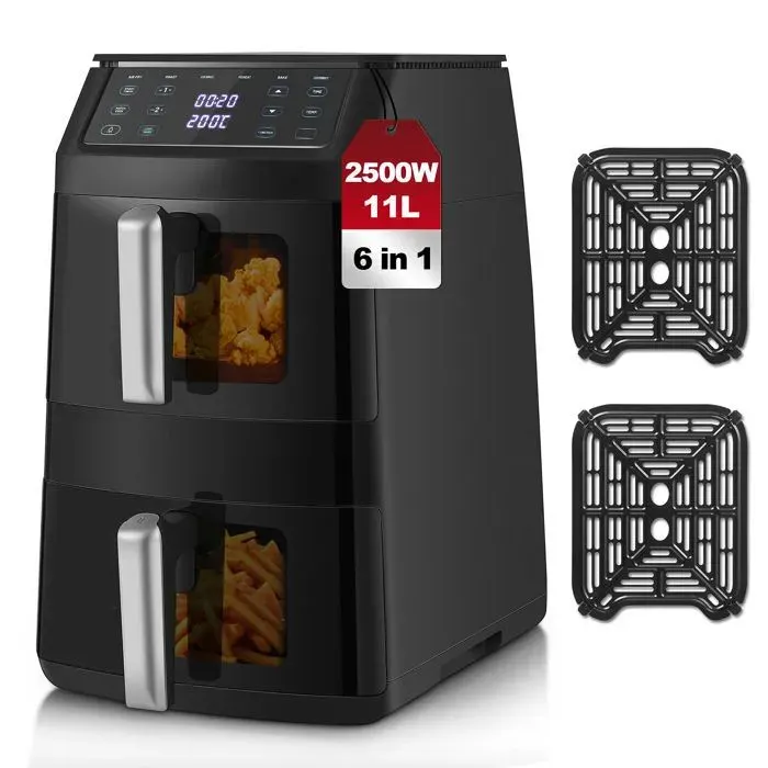 Friteuse Sans Huile 11L Dual Easy Fry & GrillAir fryer 2500W avec fenêtre Écran Tactile LED 6 Programmes Prédéfinis